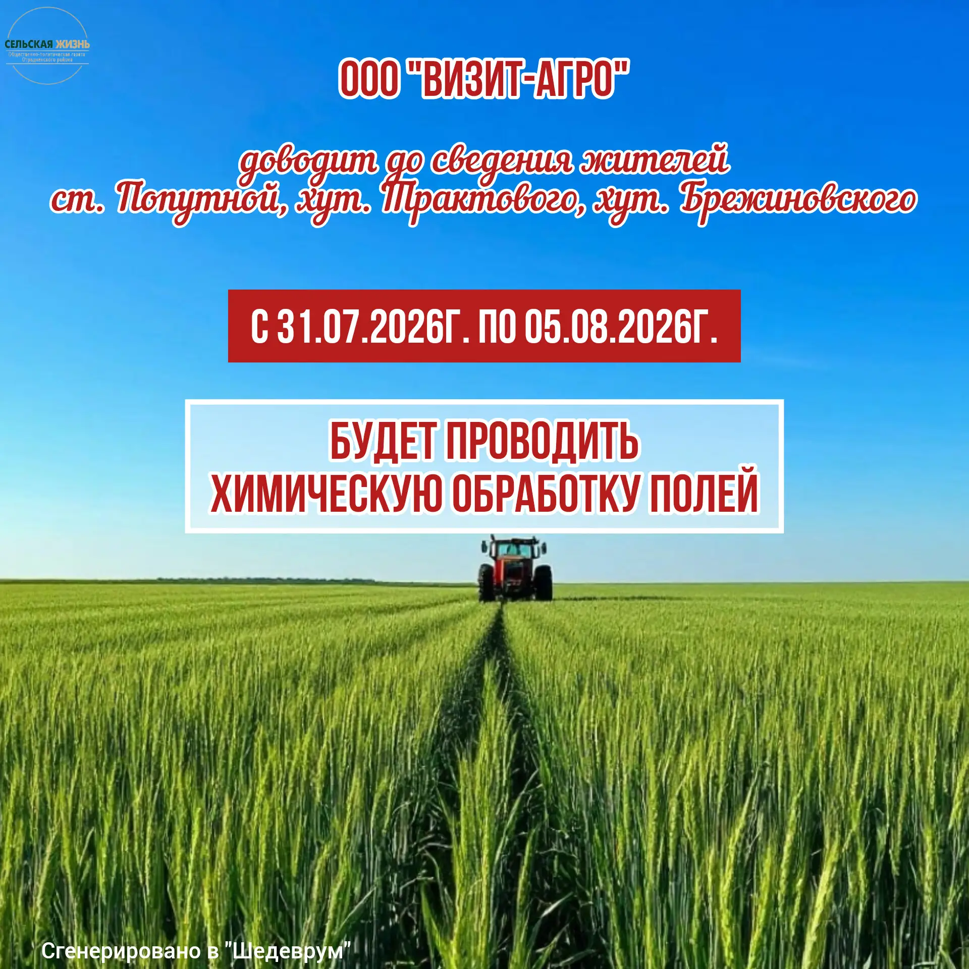 ООО "Визит-Агро" доводит до сведения жителей ст. Попутной, хут. Трактового, хут. Брежиновского о про