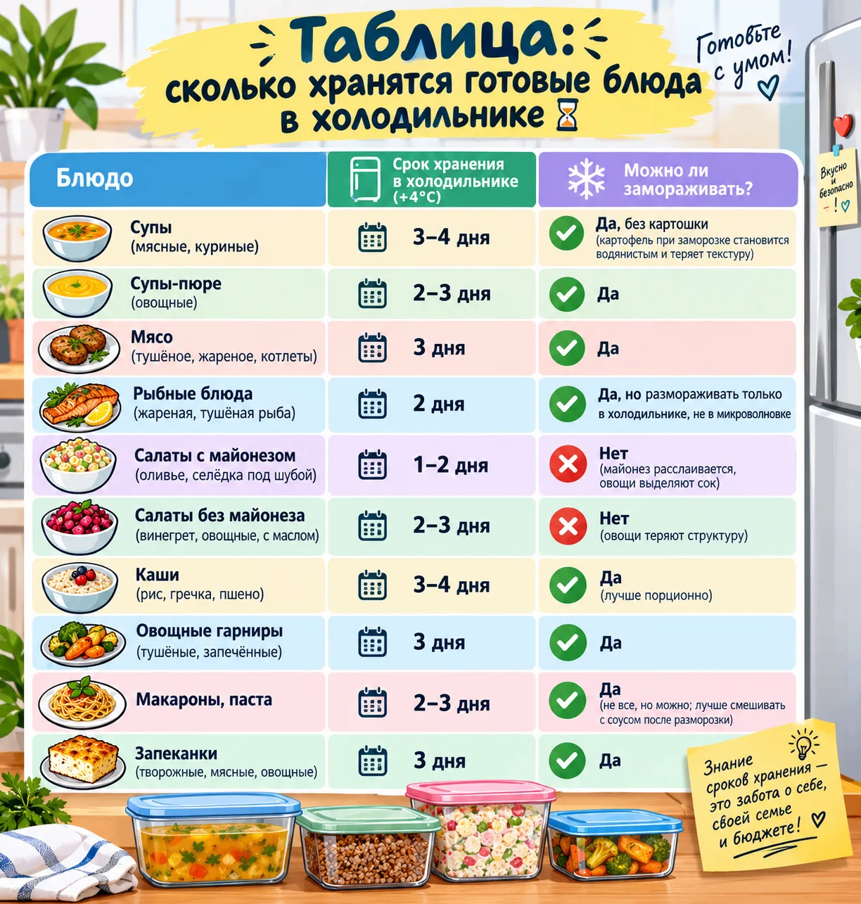 Таблица: сколько хранятся готовые блюда в холодильнике ⏳