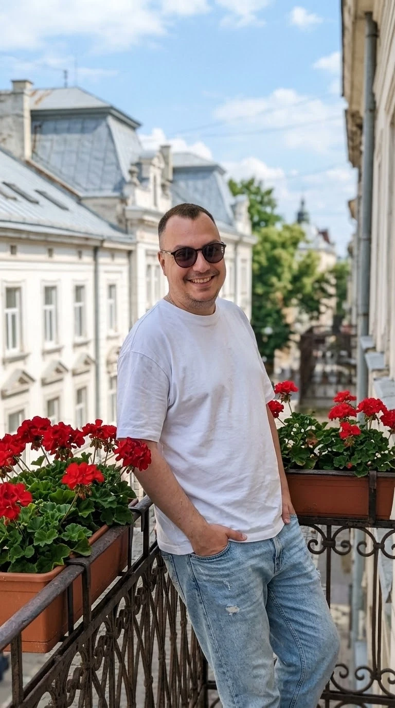 Не меняя внешности мужчины с фото, он стоит на балконе, опираясь спиной на перила, слег...