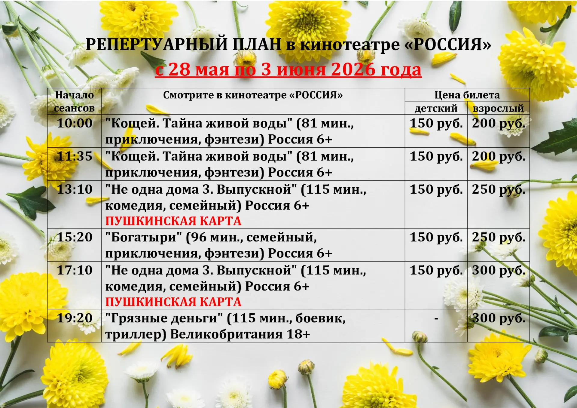 РЕПЕРТУАР КИНОТЕАТРА с 28 мая по 3 июня