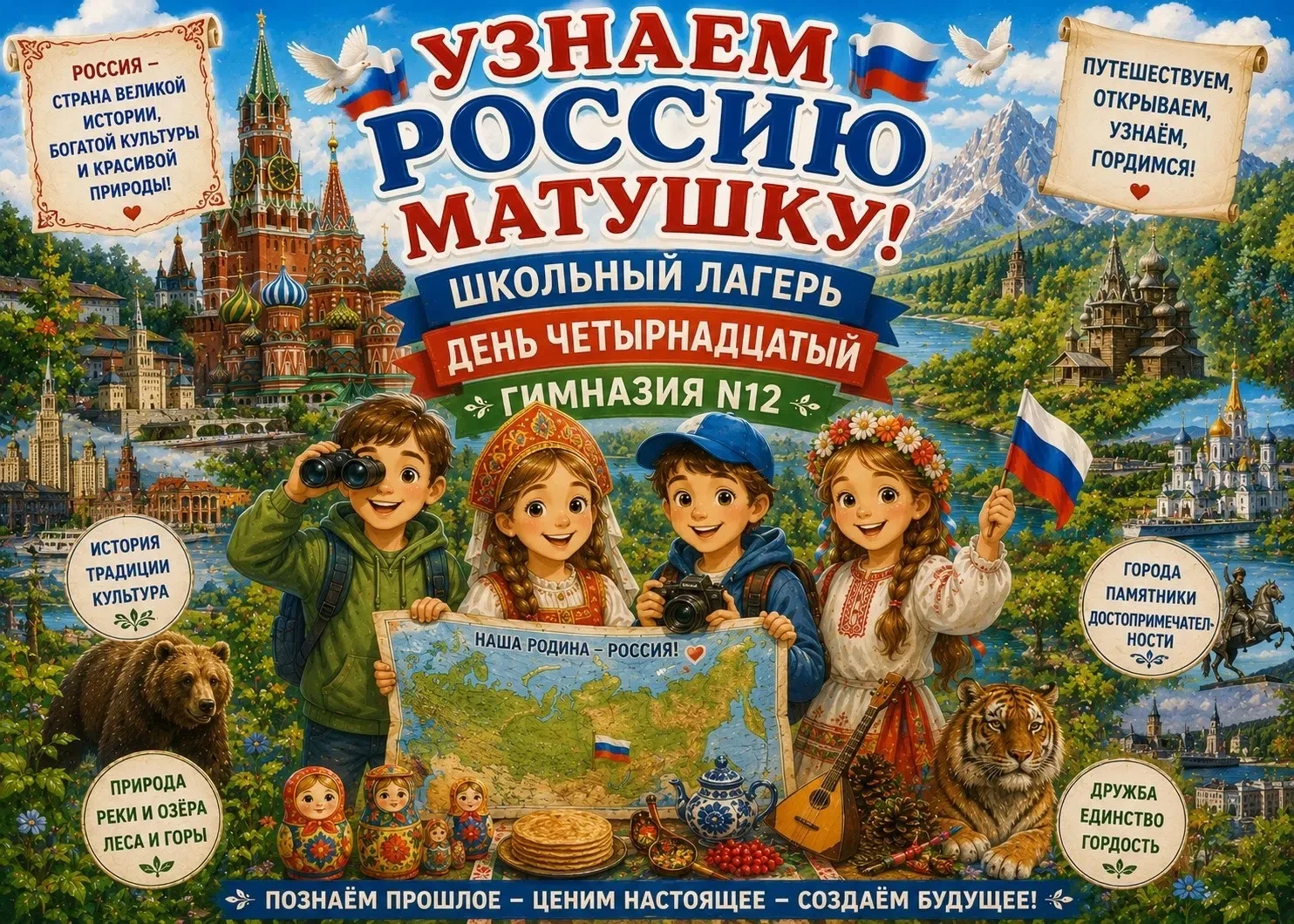 День четырнадцатый в нашем школьном лагере прошёл под названием «Узнаём Россию-матушку».
Сегодня реб