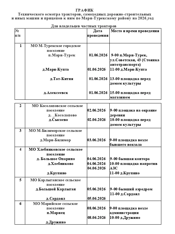 04 июня 2026 года в В Хлебниковском сельском поселении будет проведен технический осмот...