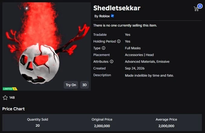 Roblox выпустил новую лимитку (Limited U) Shedletsekkar с запасом в 20 штук с ценой в 2...
