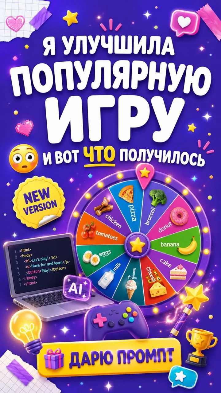 ИГРА ЗА 5 МИНУТ

ДАРЮ ПРОМПТ⬇️⬇️⬇️

Колесо фортуны в улучшенной версии, которое вы можете кастомизир