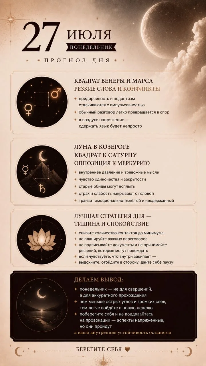 ПРОГНОЗ ДНЯ | 27 июля • понедельник

📍 День начинается с жёсткого квадрата Венеры в Деве к Марсу в 
