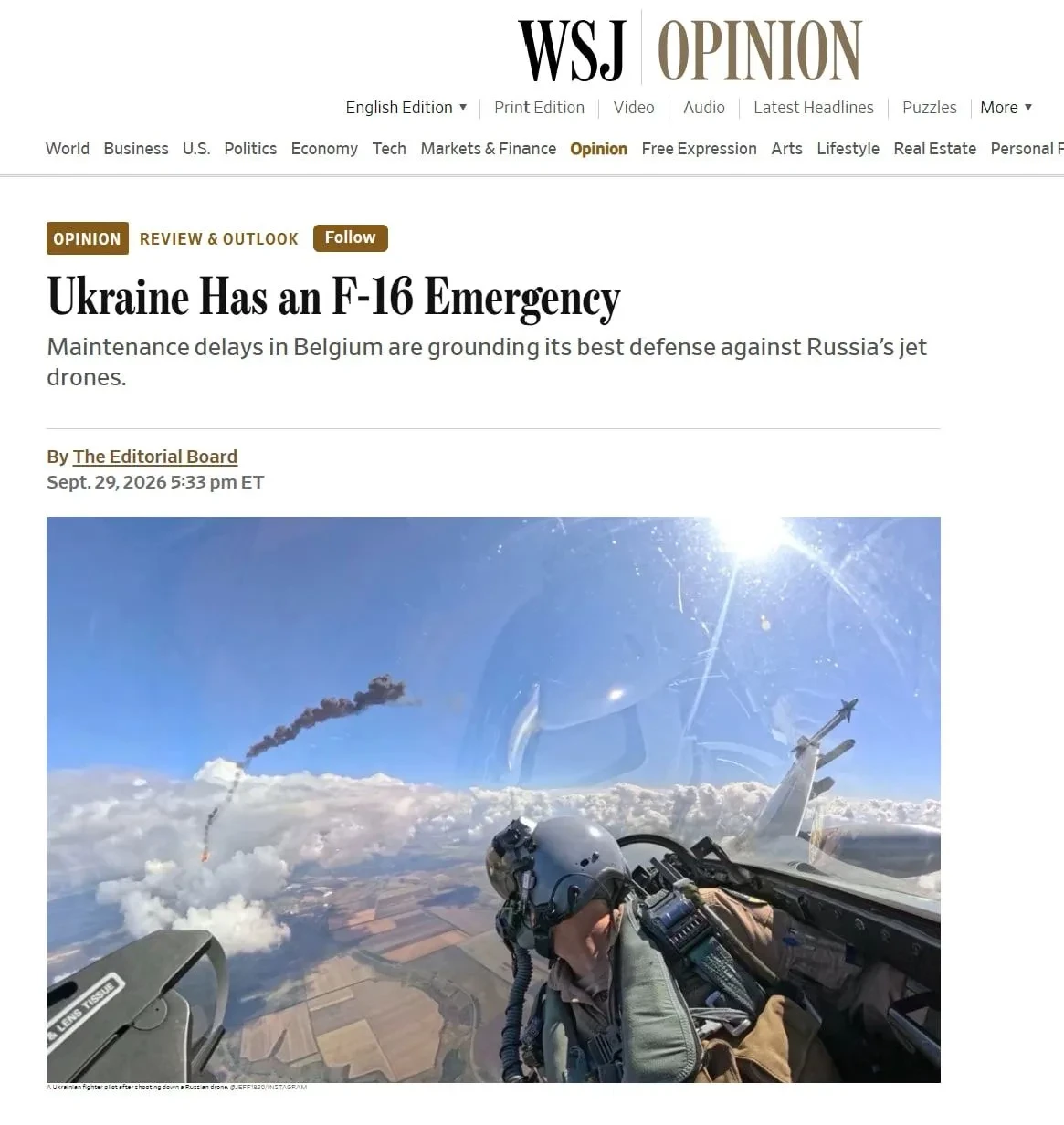 Украина может лишиться всех исправных истребителей F-16 к концу года, пишет The Wall St...