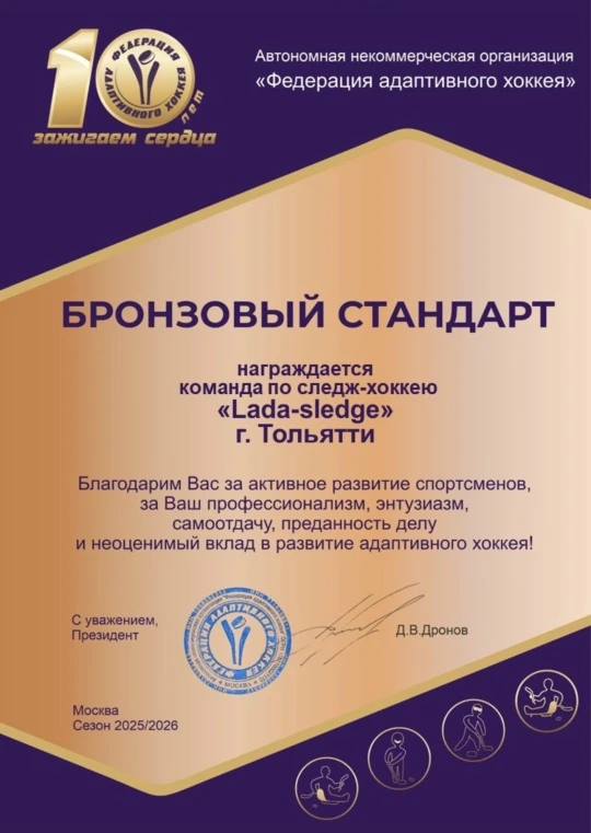🏒 Детская команда "Лада-следж" получила "Бронзовый стандарт" федерации адаптивного хоккея

Две детс