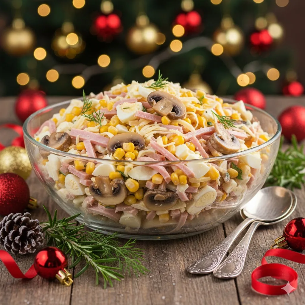 🥗 Салат «Гурман» с ветчиной и грибами 🥗 
⏱ 15 минут | 170 ккал (100 г)

🛒 Что нужно: 
🍖 Ветчина 