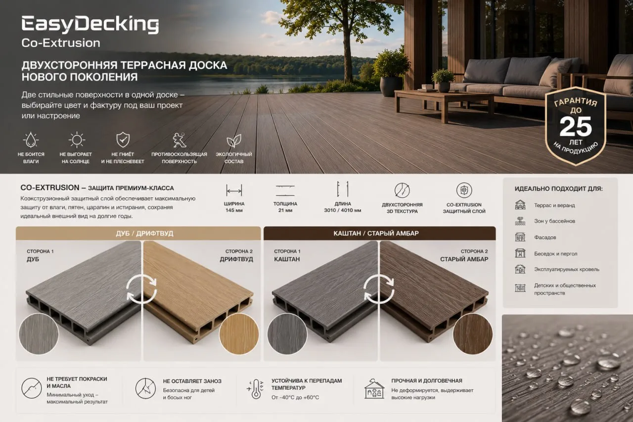 🌟 Террасная доска EasyDecking — современный ДПК для вашей террасы!
Ищете надёжный и красивый матери