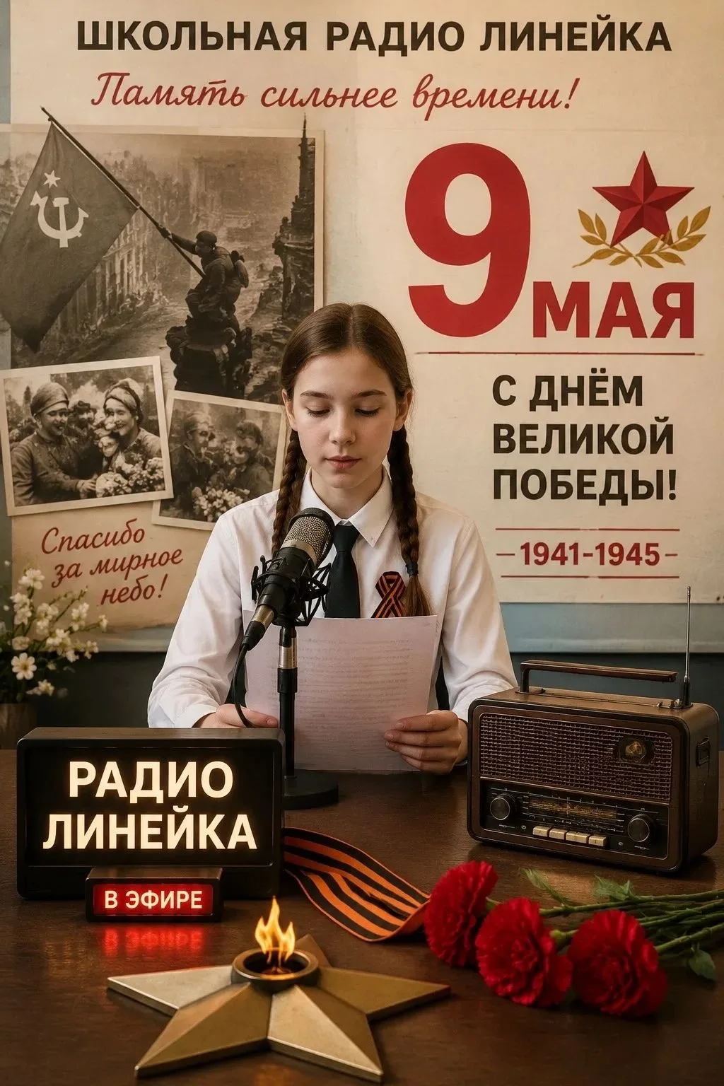 Сегодня в стенах школы прозвучала радиолинейка, посвященная 9 Мая – дню великой Победы. Этот день – 