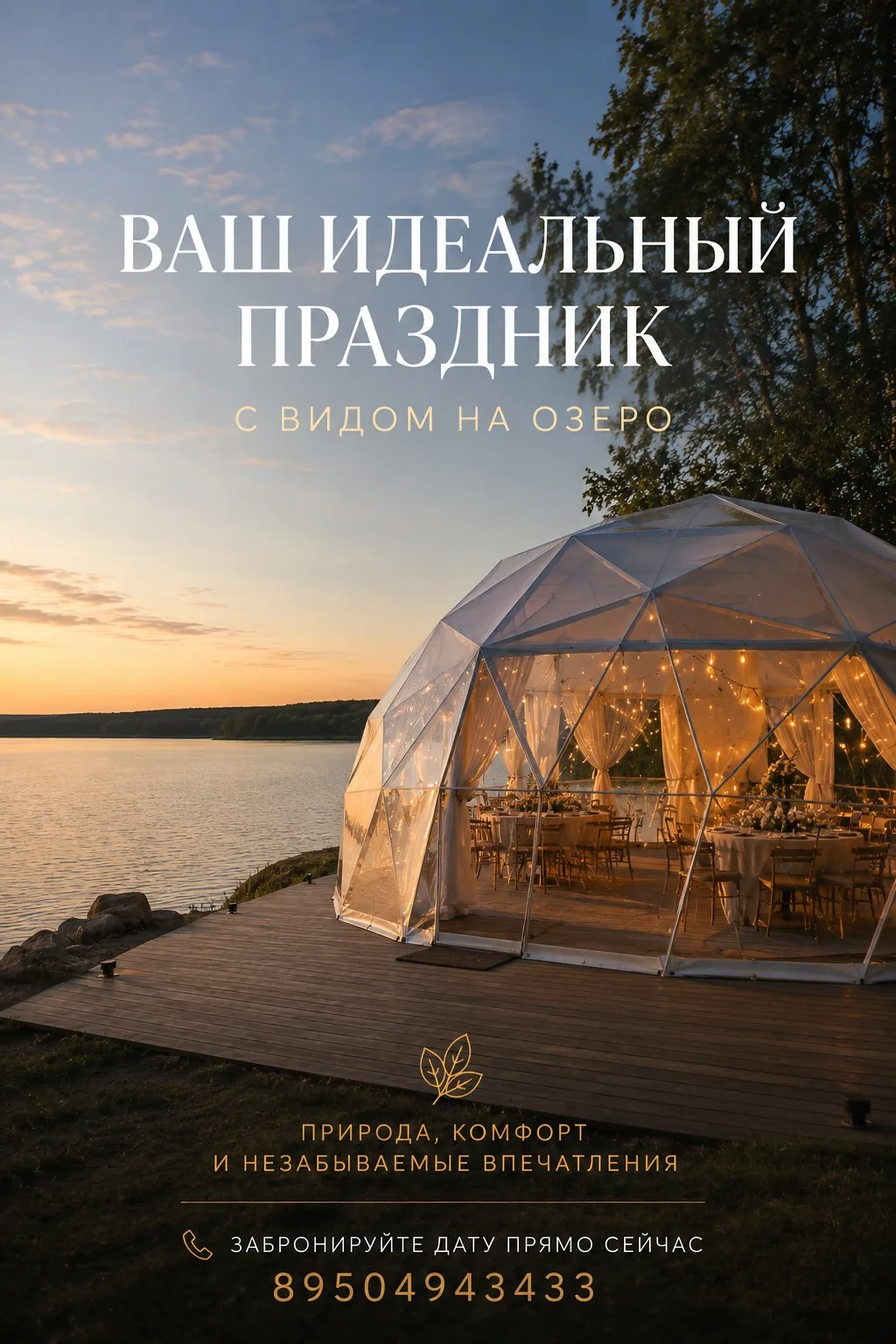 Проведите свадьбу, выпускной, корпоратив или семейный праздник в красивом месте с видом на озеро!

В