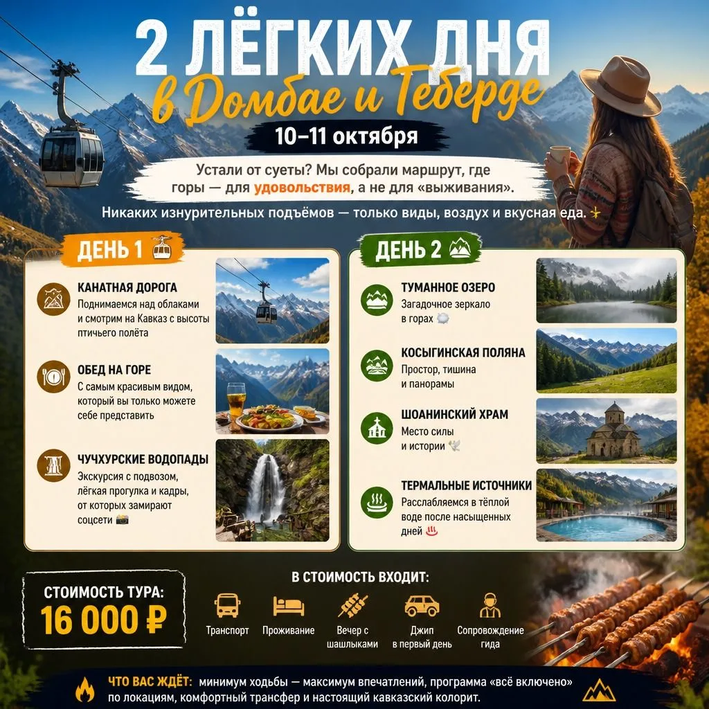 2 ЛЁГКИХ ДНЯ В ДОМБАЕ И ТЕБЕРДЕ — 10–11 октября, без спешки, только кайф!