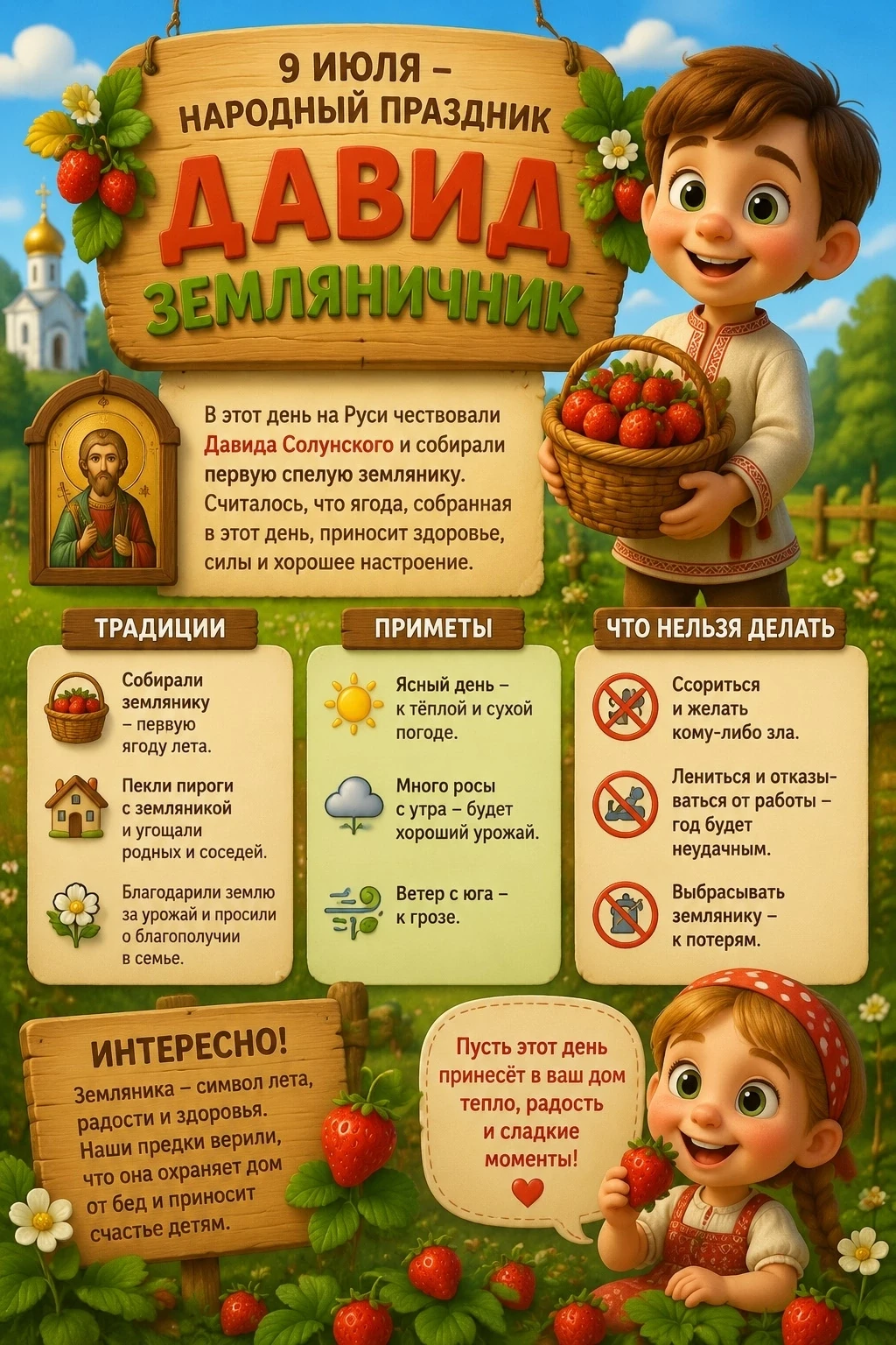 🍓 Давид Земляничник: праздник первой ягоды!

9 июля в народном календаре особенный день — Давид Зем