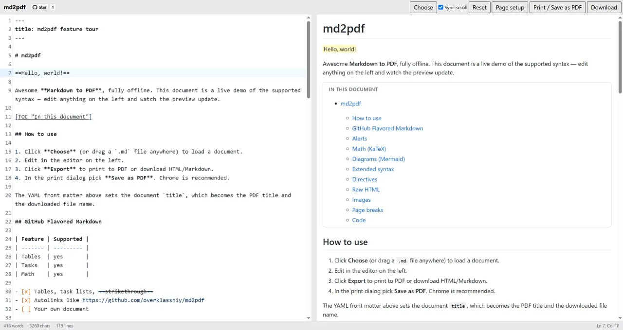 md2pdf — это Markdown-редактор с live preview и экспортом в PDF / HTML прямо в браузере.