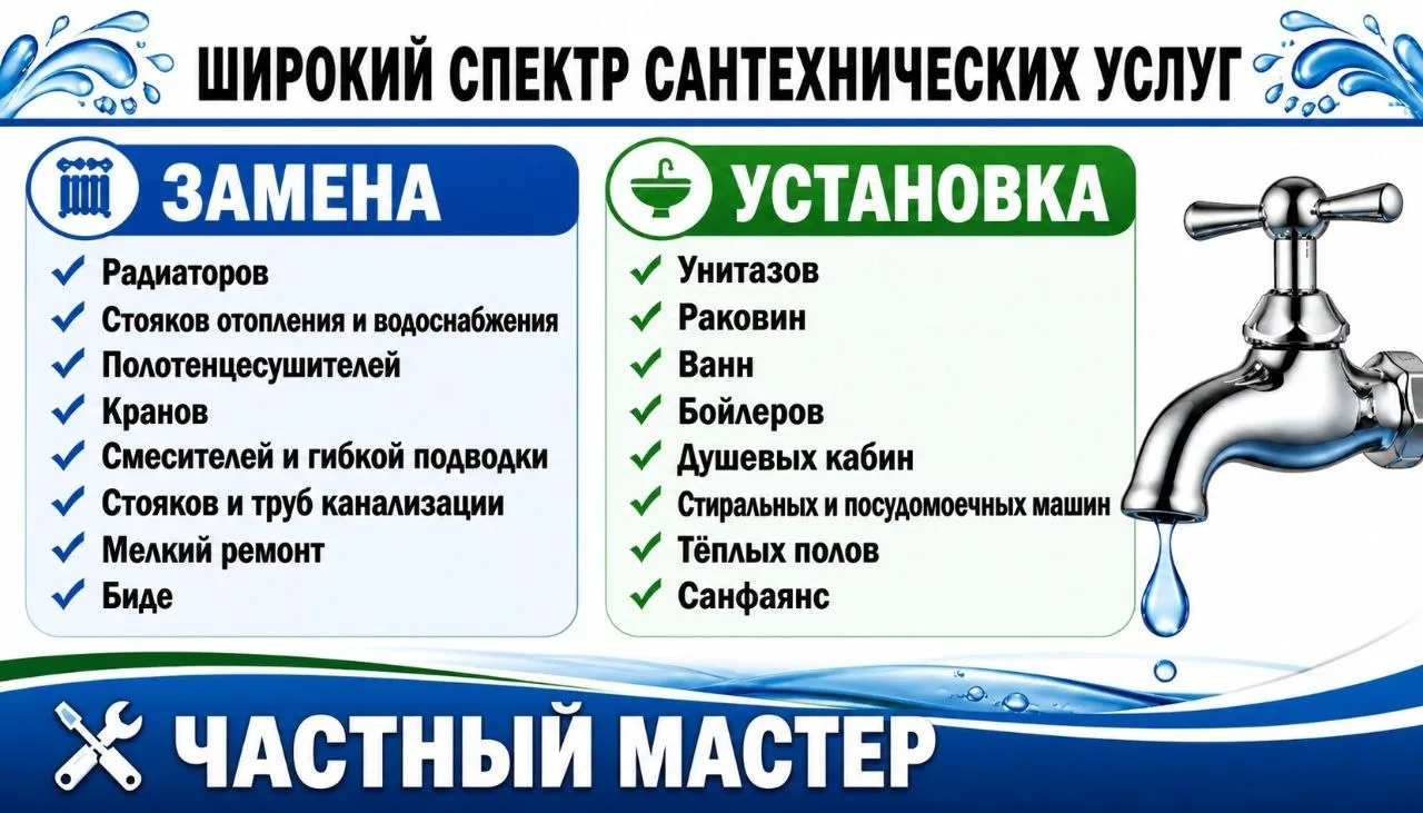 🔧 Сантехнические работы любой сложности в которкие сроки!!!
У вас течёт кран? Сломался бойлер? Запо