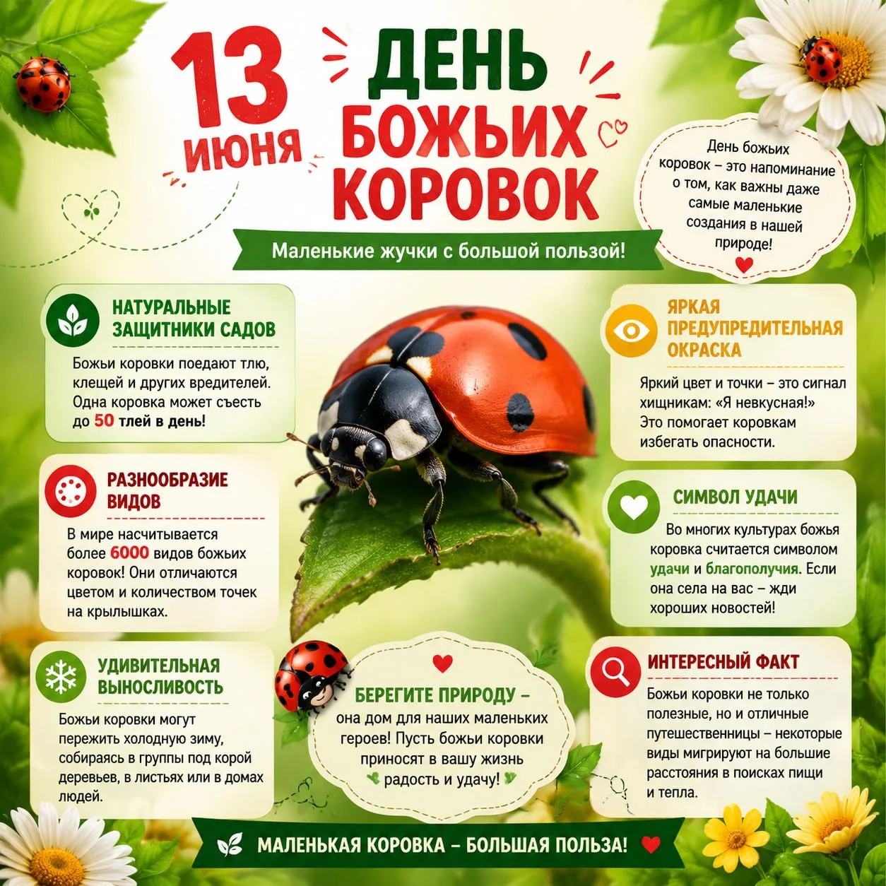 🐞 13 июня – День божьих коровок!

Этот маленький жучок с яркими пятнышками – любимец детей и настоя