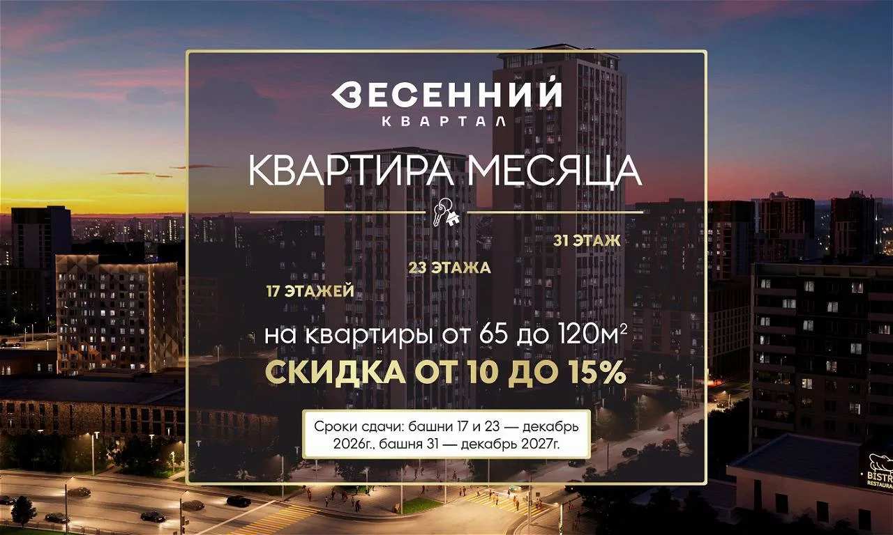 • Скидки 10-15% на площади от 65 до 120 м².