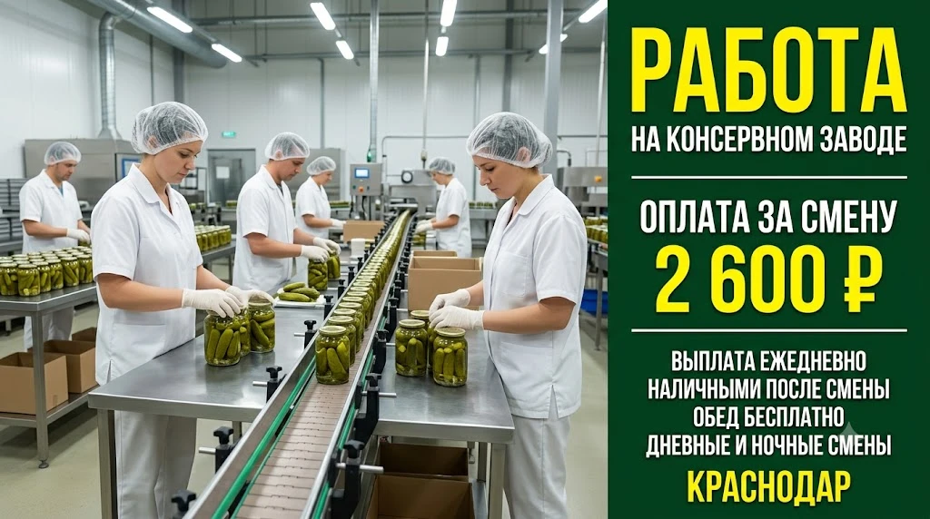 🏭 Работа на консервном заводе — Краснодар

Оплата: 2 600 ₽ за смену
Выплата: ежедневно, наличными п