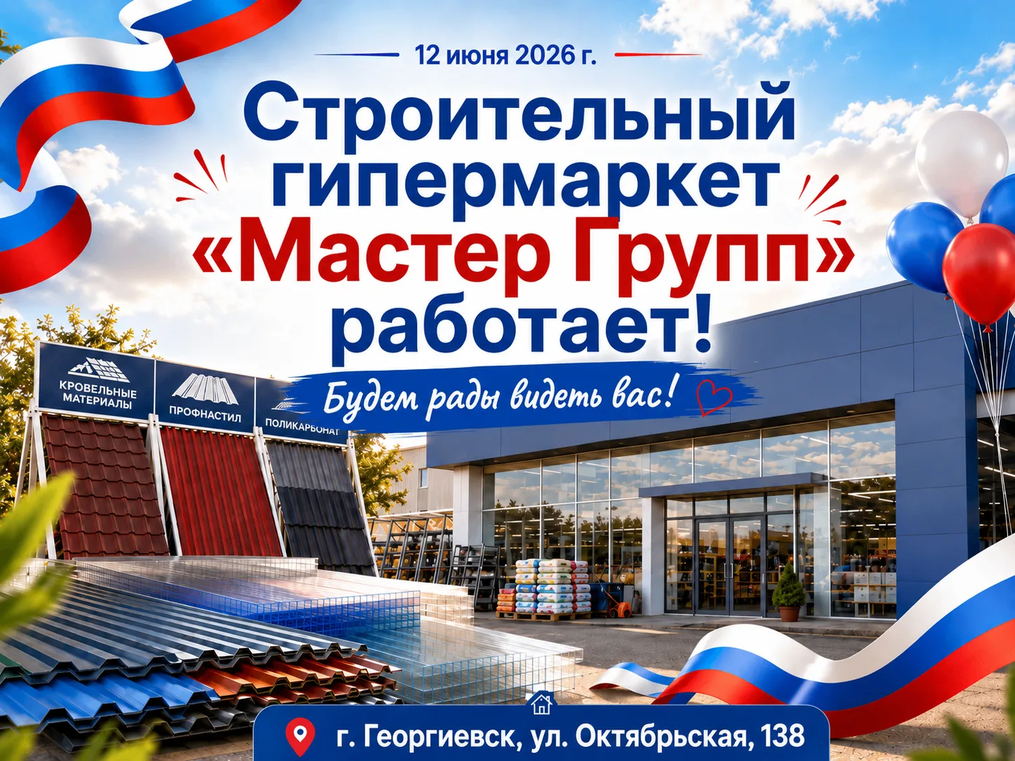 Дорогие друзья!
В праздничный день, 12 июня 2026 года, строительный гипермаркет «Мастер Групп» продо