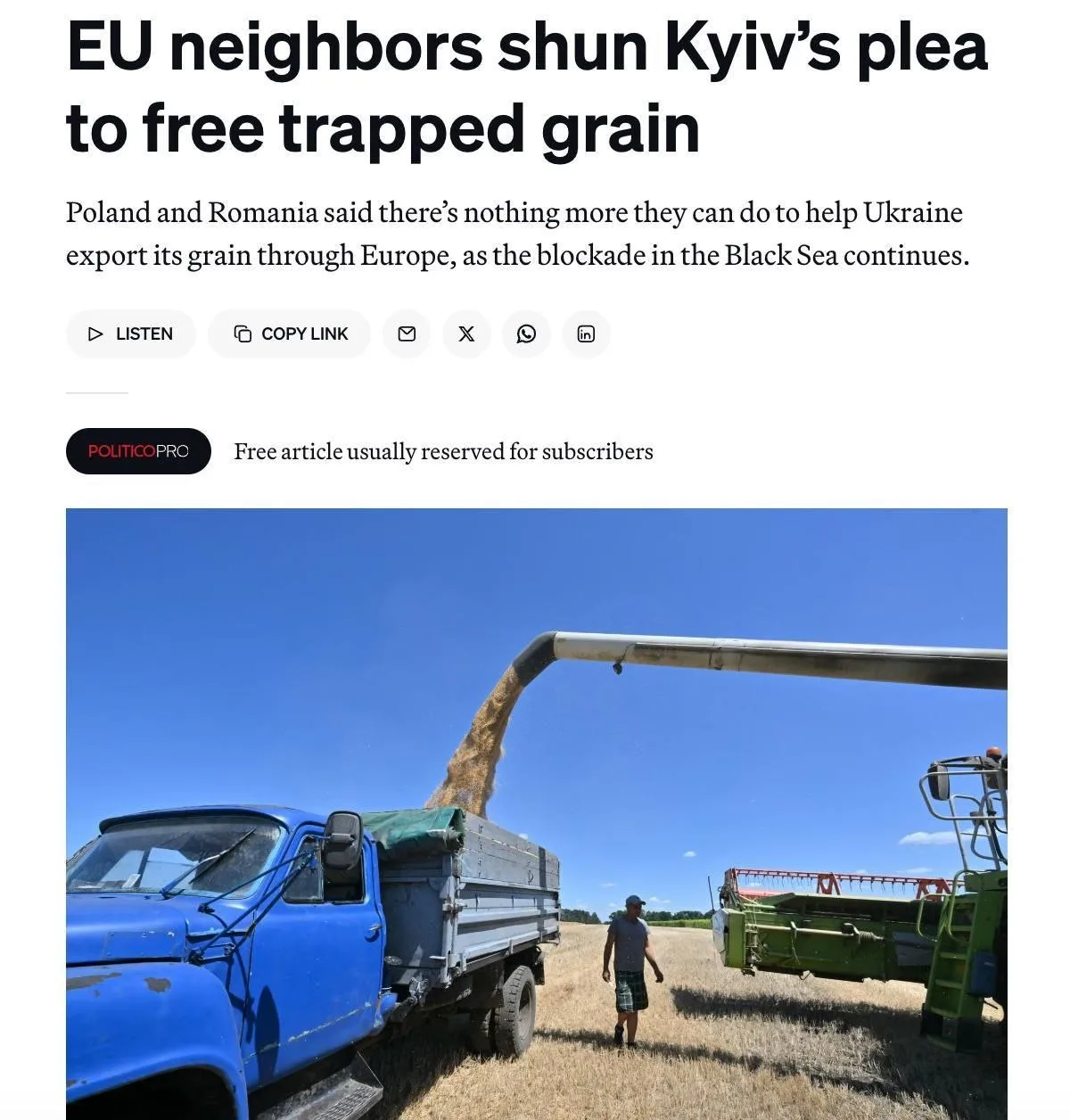 ❗Польша и Румыния отказались помочь Украине с вывозом миллионов тонн зерна, – Politico.
