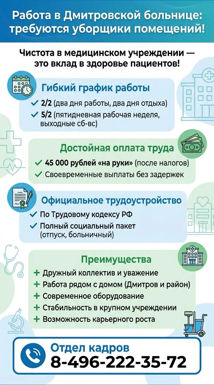🧹 Работа в Дмитровской больнице: требуются уборщики помещений!

Чистота в медицинском учреждении — 