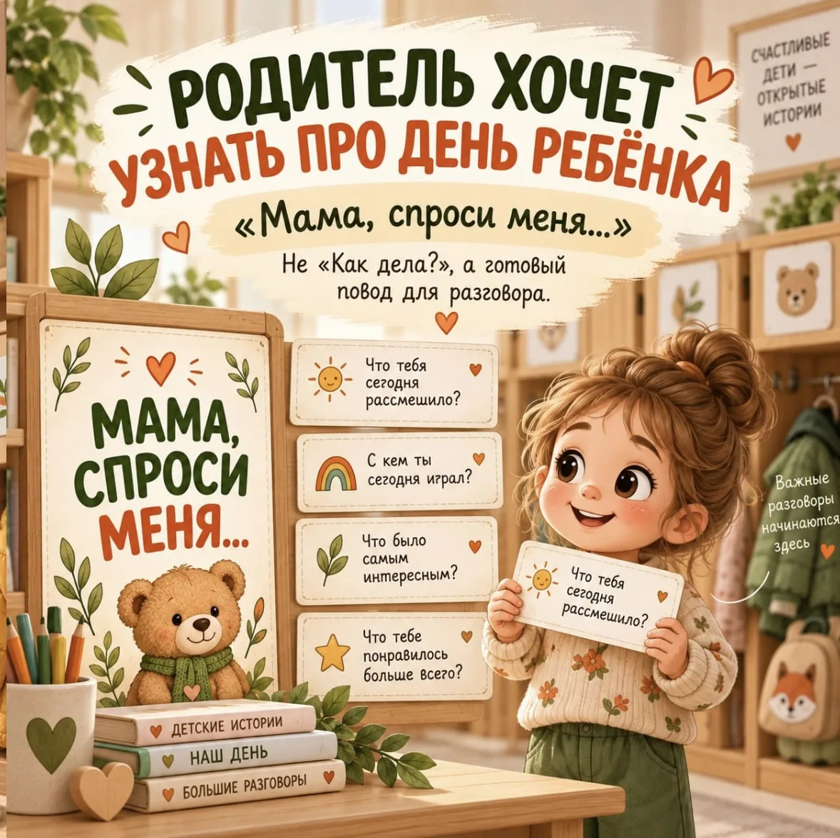 💡О чём можно спросить ребёнка, чтобы узнать, как прошёл его день в детском саду?