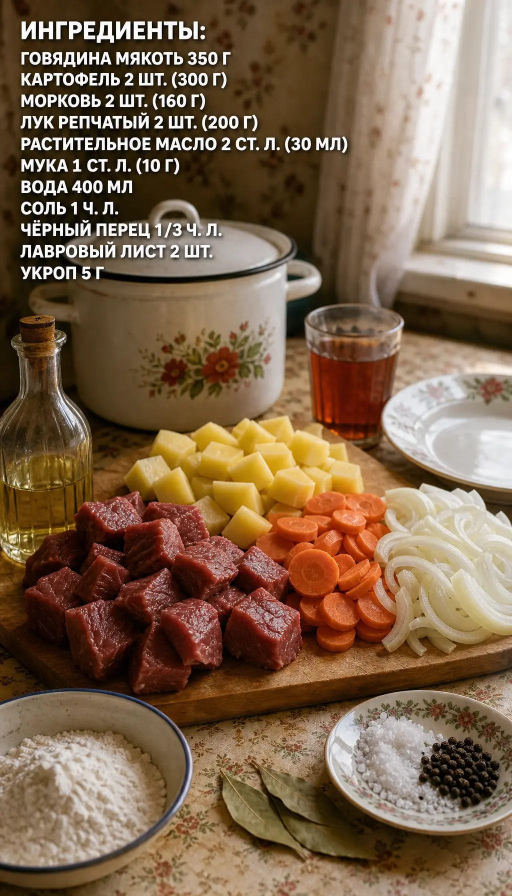 Рагу из говядины с картофелем
как в советской столовой 🍲
Ингредиенты:
говядина — 350 г
картофель — 
