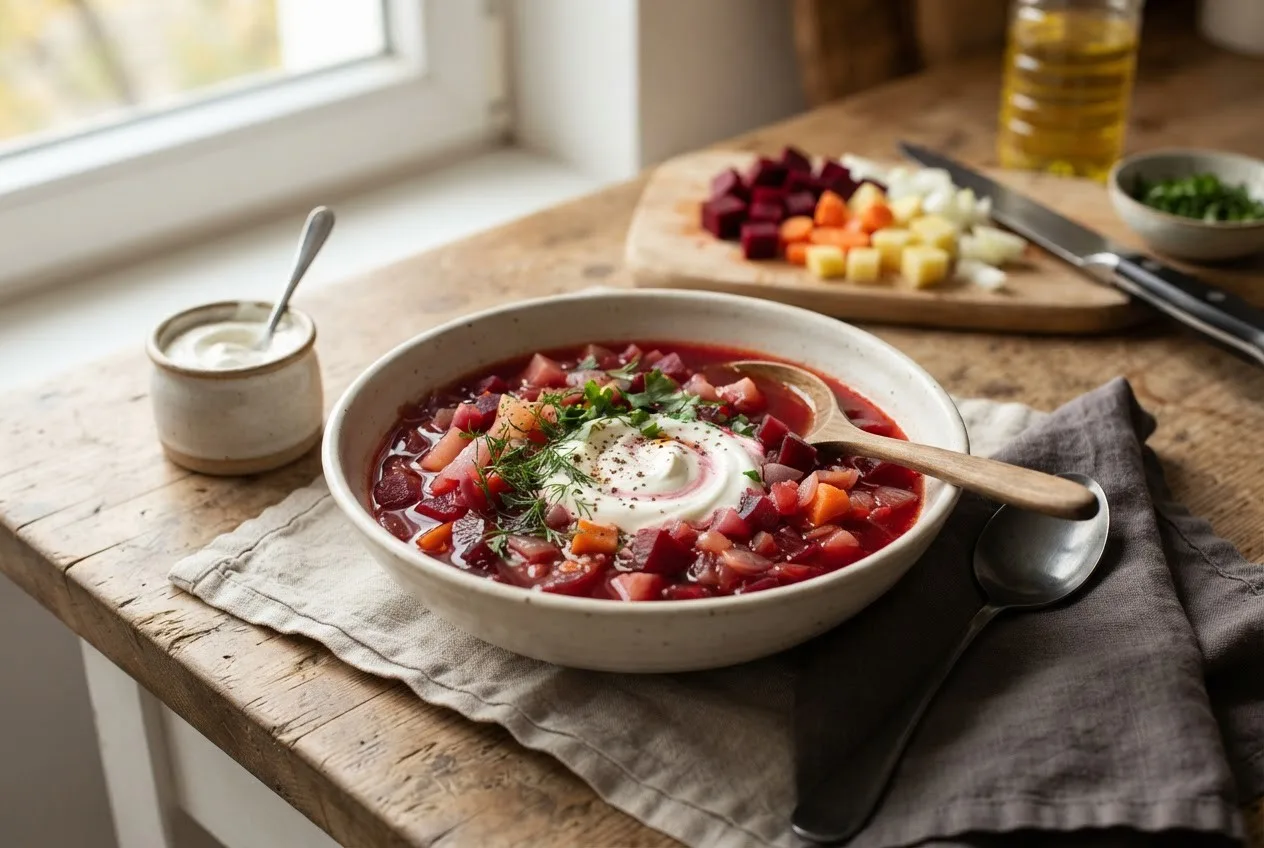Рецепт супа из свеклы с овощами и сметаной