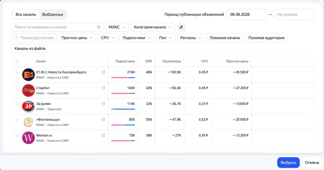 ⚡️⚡️⚡️В Яндекс Директе теперь можно выбирать конкретные каналы в Максе для закупки рекламы по биржев