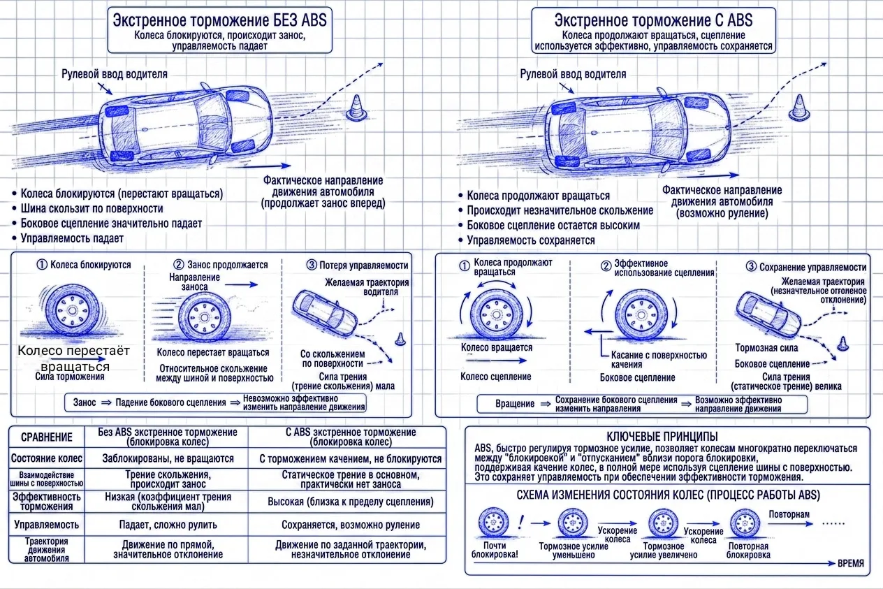 Три схемы, чтобы понять как работает АБС (ABS) в автомобиле, которая у многих ломается....