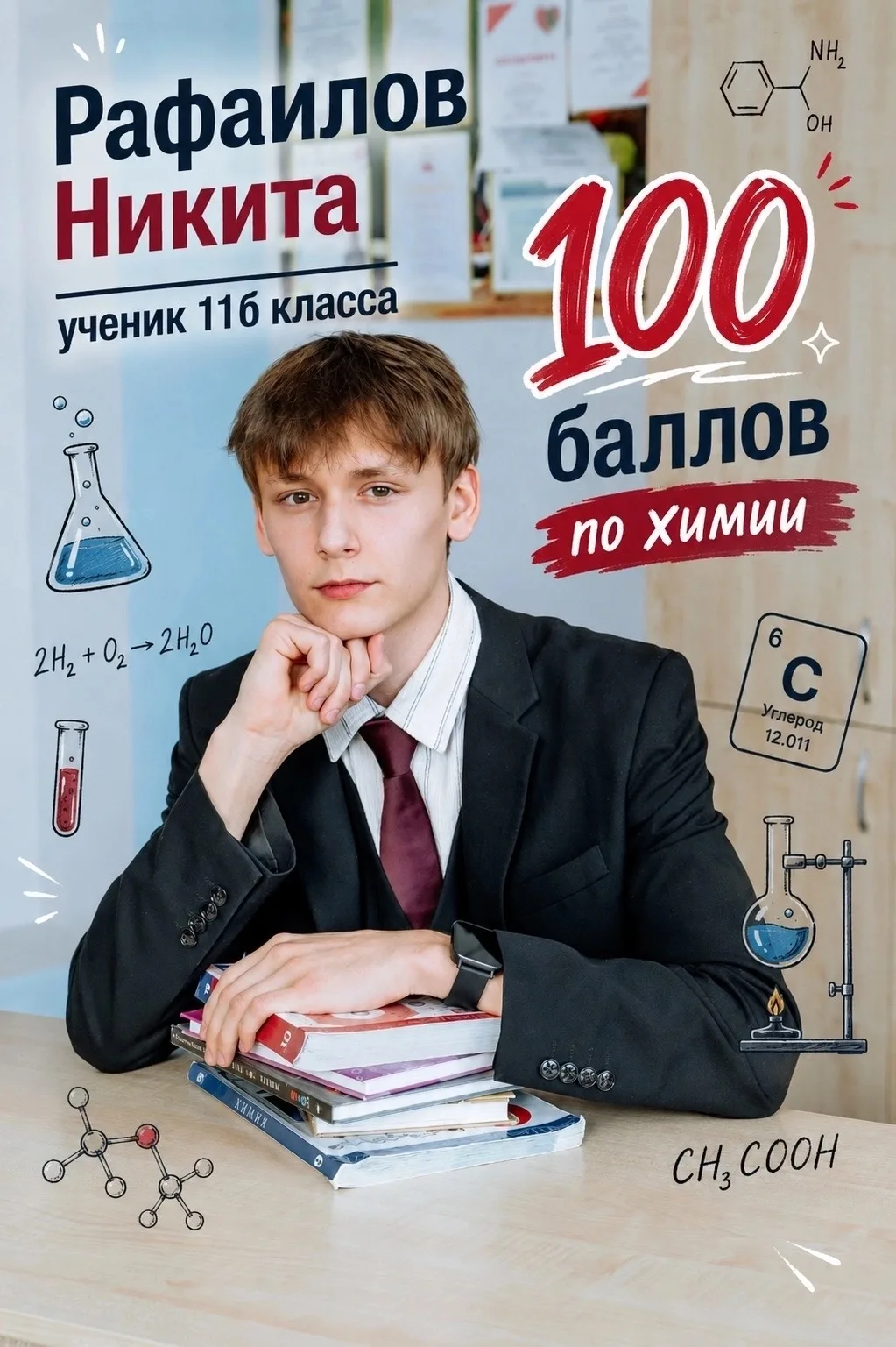 🎉 100 БАЛЛОВ ПО ХИМИИ! 
В нашей школе настоящий праздник! Рафаилов Никита, ученик 11Б класса, показ