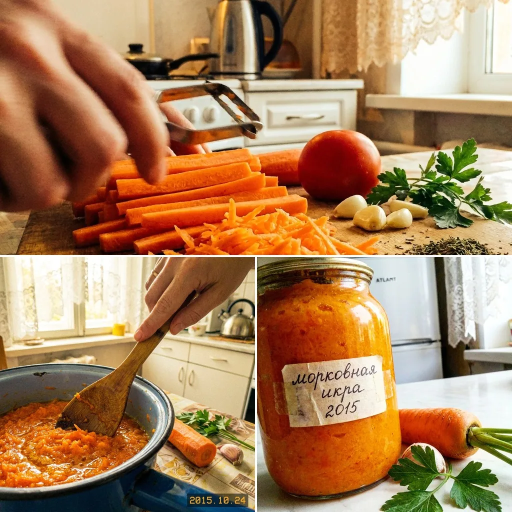 🥕 ИКРА МОРКОВНАЯ

Яркая оранжевая закуска из моркови с томатом и чесноком. Намазывается на хлеб, до
