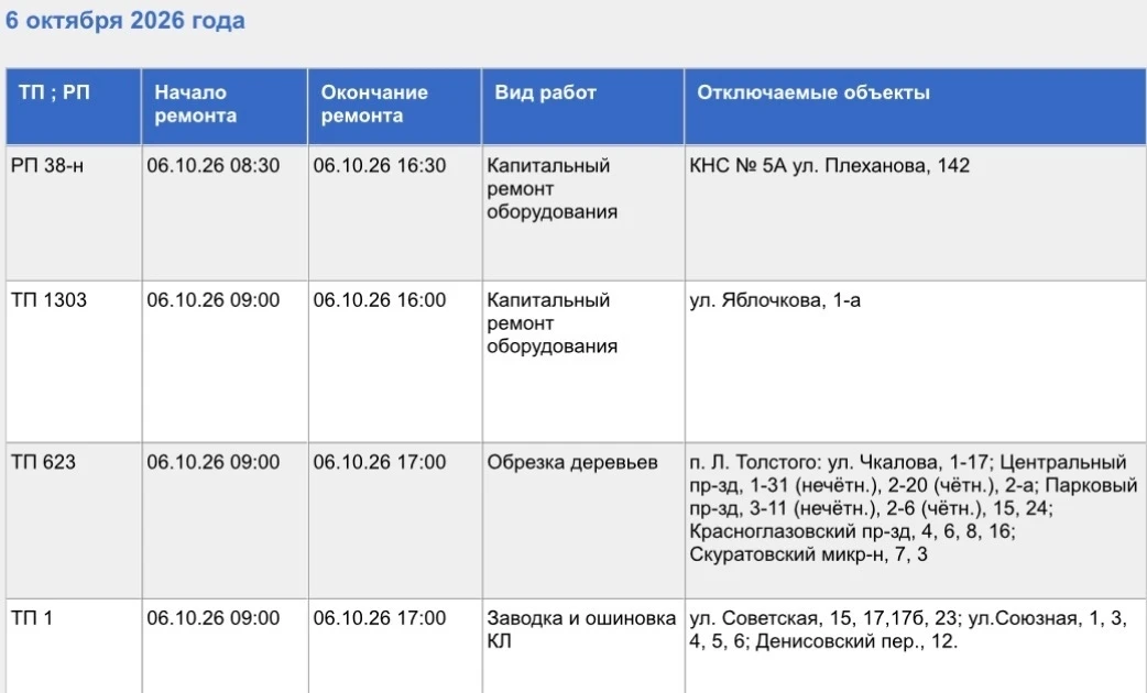 Жители некоторых улиц Тулы завтра временно останутся без электроэнергии