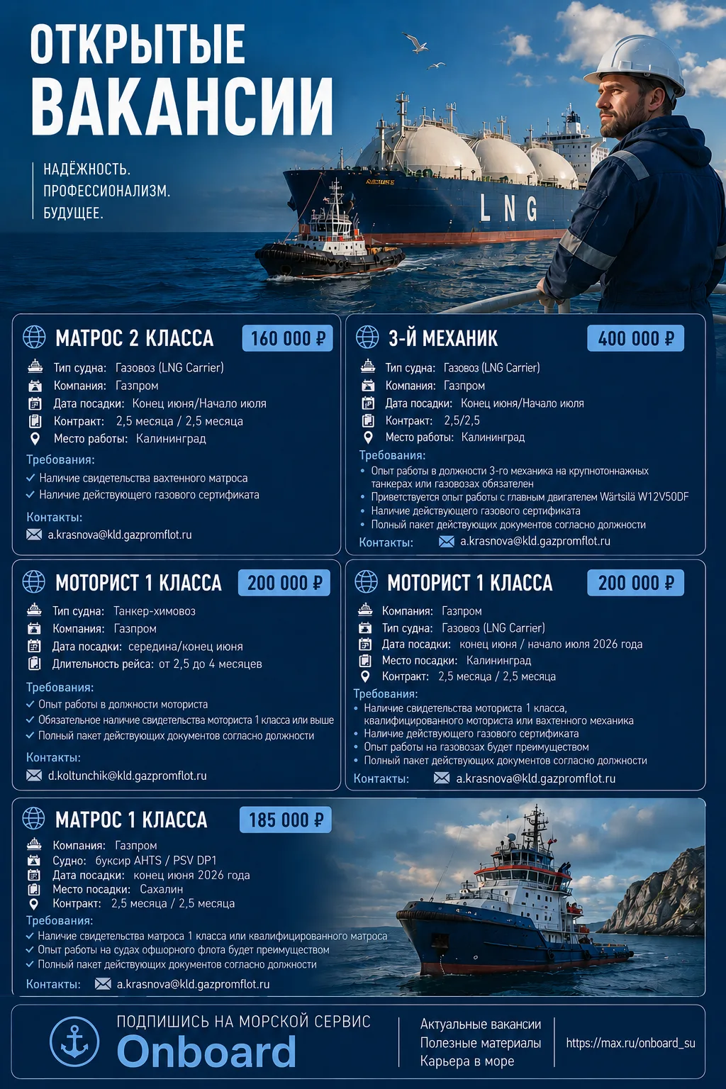 ОТКРЫТЫЕ ВАКАНСИИ:

🌐 МАТРОС 2 КЛАССА 160 000 ₽

Тип судна: Газовоз (LNG Carrier)
Компания: Газпром