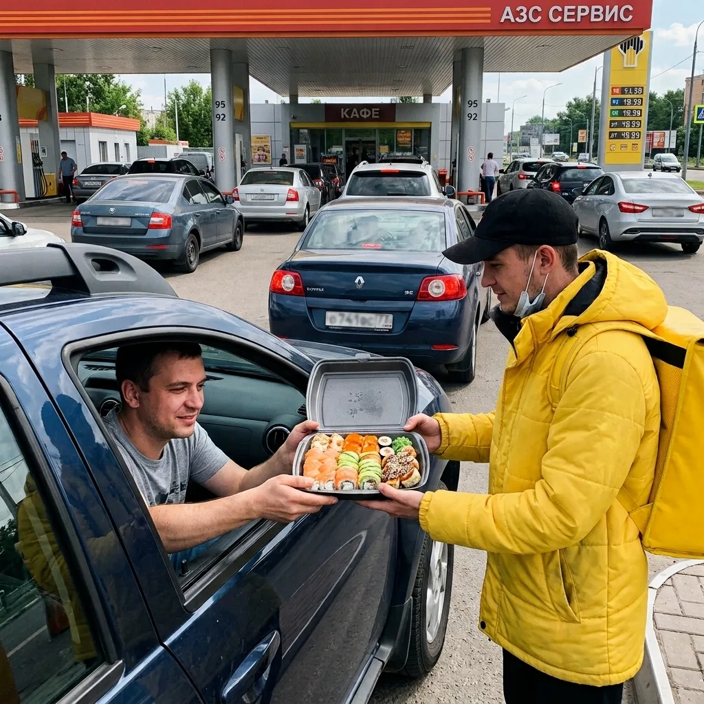 🍣 В Перми суши начали доставлять прямо в очереди за бензином на АЗС. Клиенту достаточн...