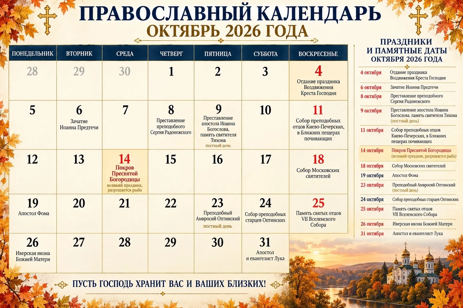 ✝️Православный Календарь На Октябрь 2026 Года.