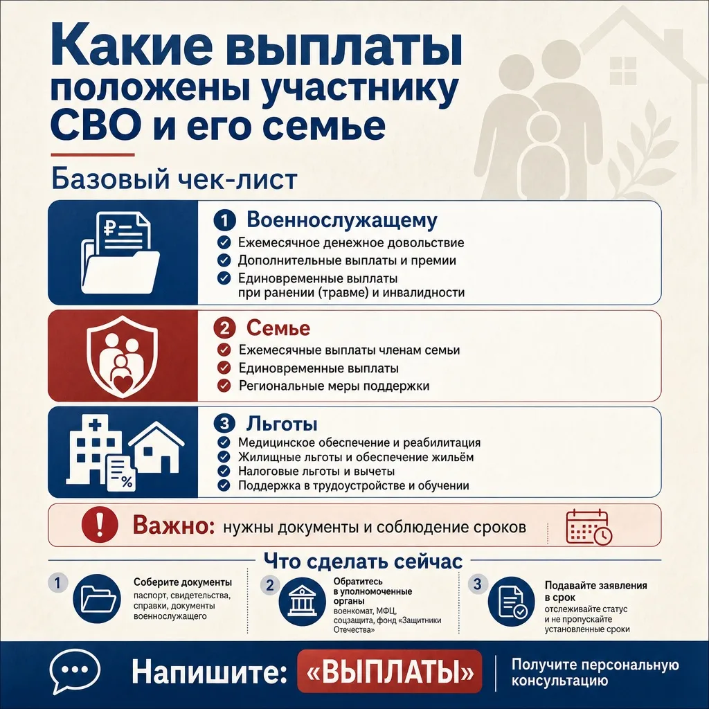 Какие выплаты положены участнику СВО и его семье: базовый чек‑лист