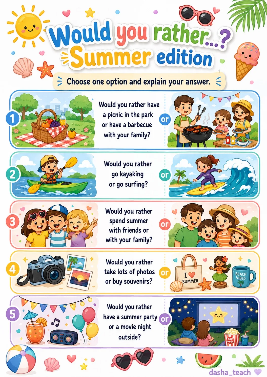 ☀️🌊 would you rather…? summer edition

серия из 5 ярких speaking worksheets для летних уроков англи