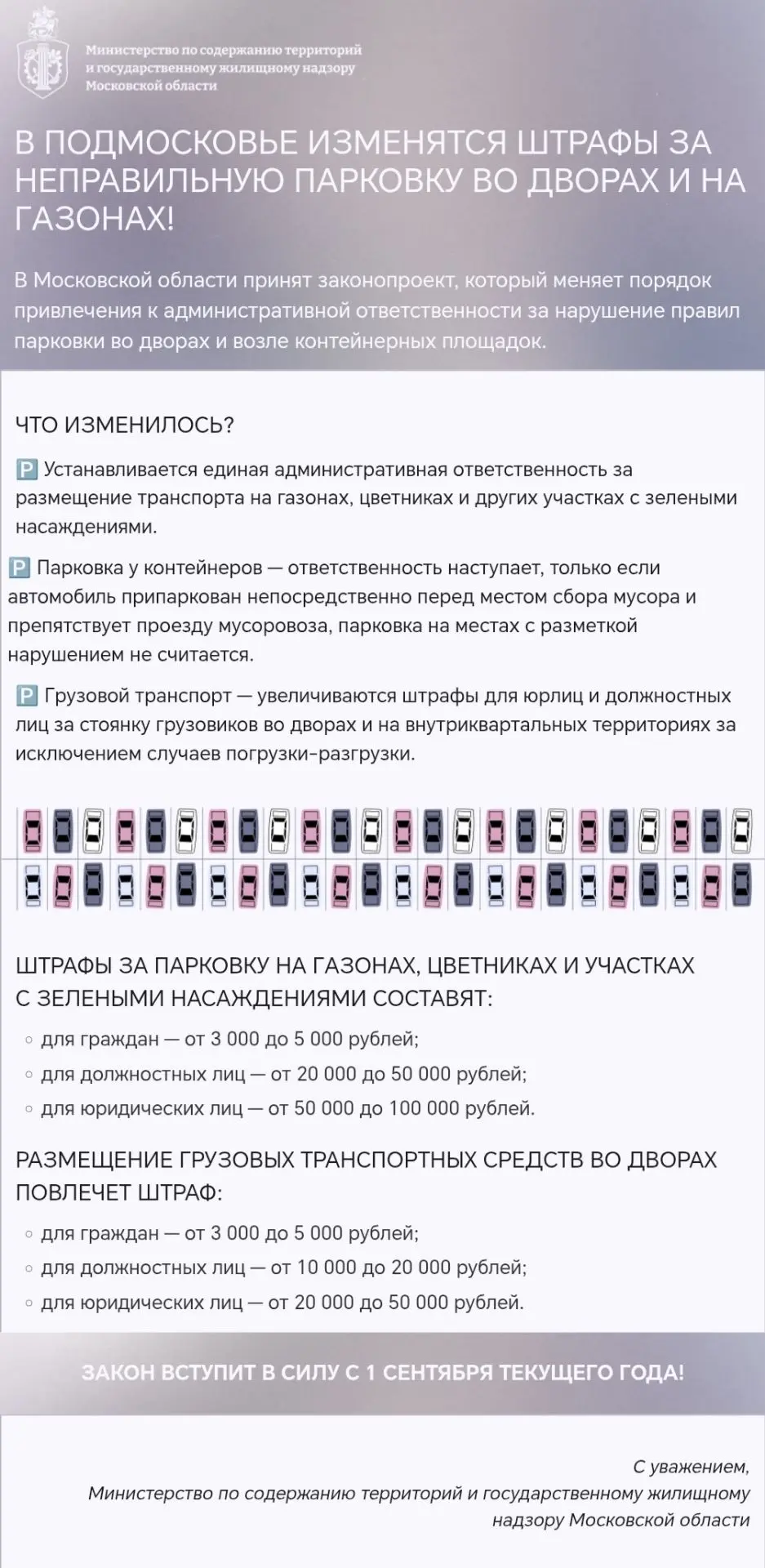 ⚠ Новые штрафы за неправильную парковку во дворах и на газонах с 1 сентября 2026