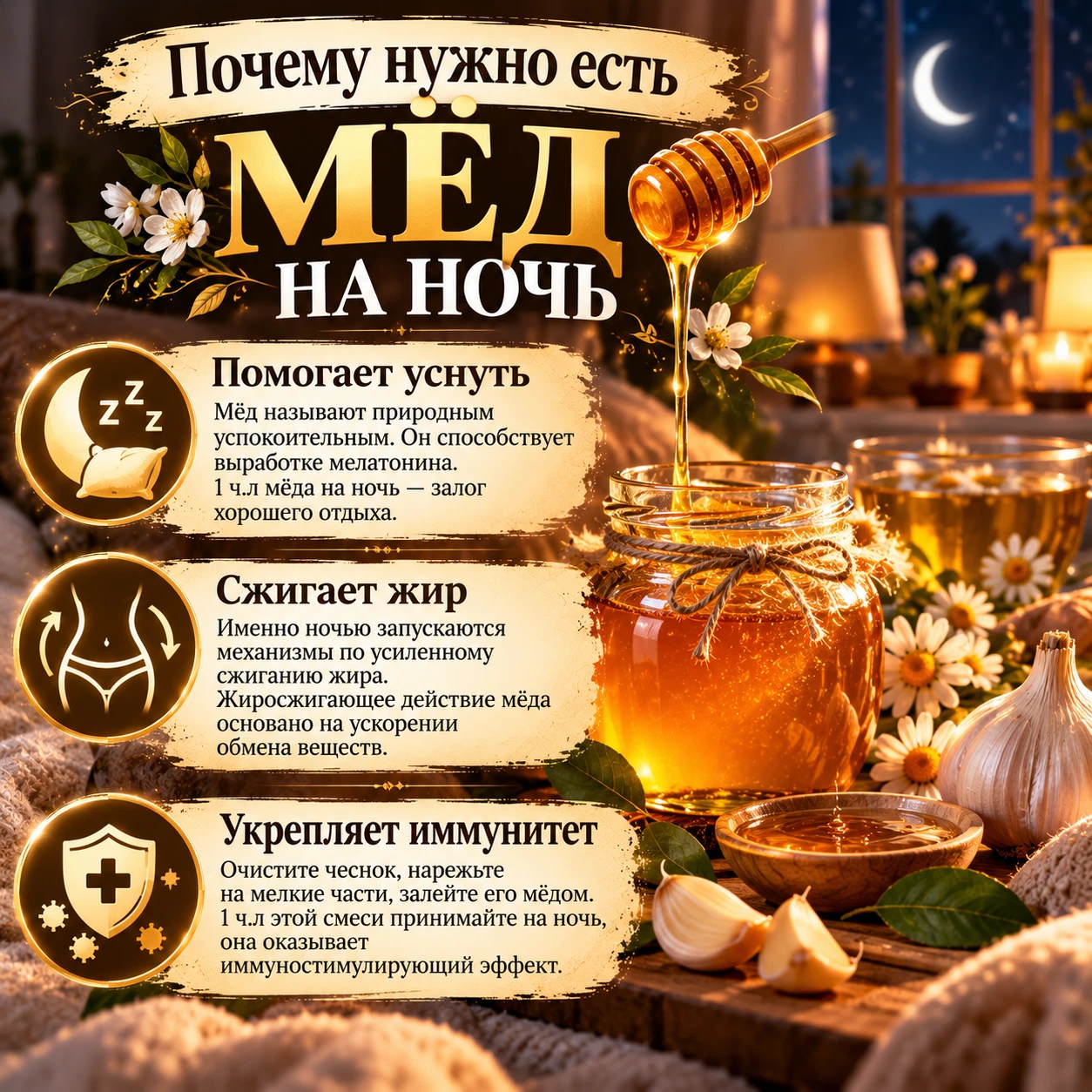 Почему нужно есть мёд на ночь 🍯