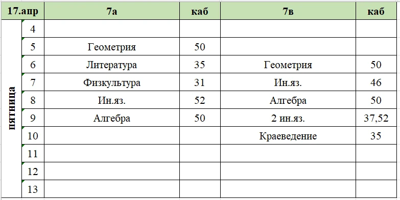 Изменения в расписании на пятницу, 17 апреля.  Расписание на 7б,7г,7д и 9г будет позже.