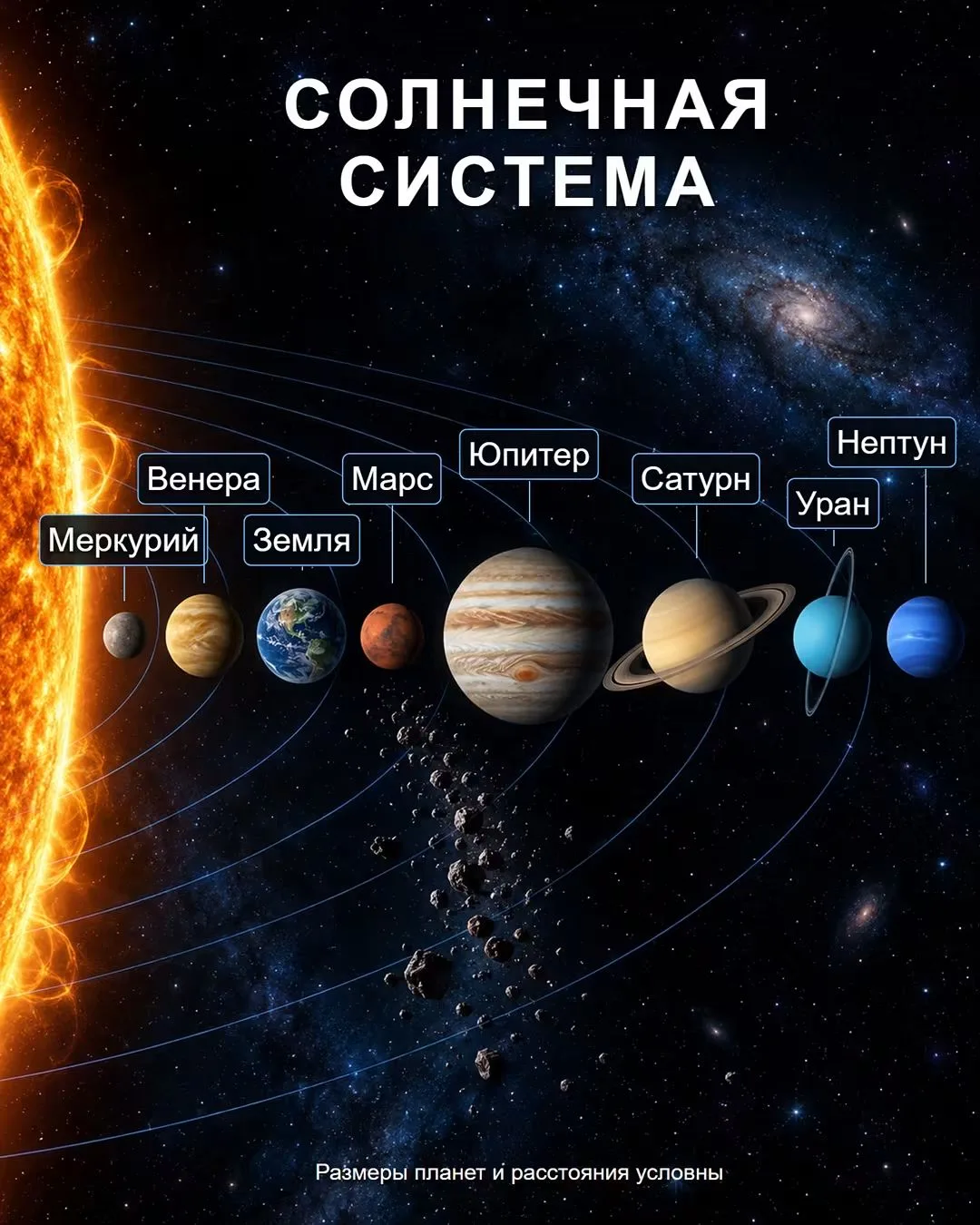 Четыре внутренние планеты имеют твёрдую поверхность, а за поясом астероидов начинаются ...