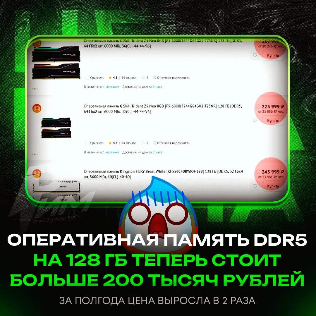 😳 DDR5 на 128 ГБ подорожала в 5 раз за полгода — сейчас плашка стоит от 200 тысяч рублей, а это не 