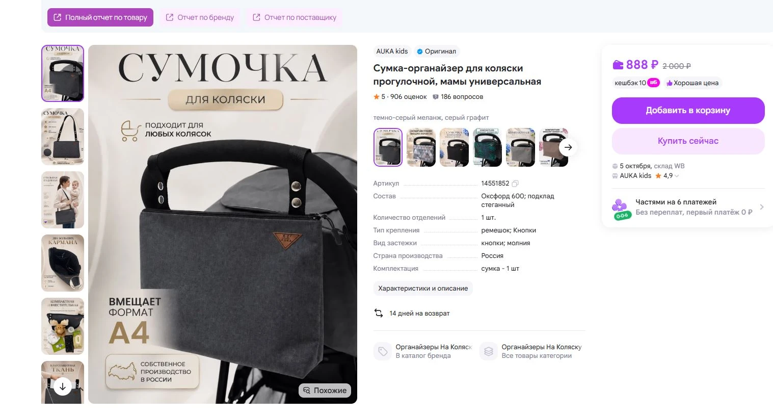 Проанализировала фоторяд карточки товара сумка для коляски.11 фото из них 2 показывают ...