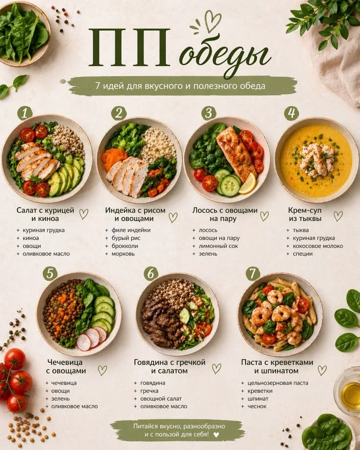 🍽 Разберём несколько вариантов детально

🥗 Салат с курицей и киноа
Киноа — единственный злак с пол