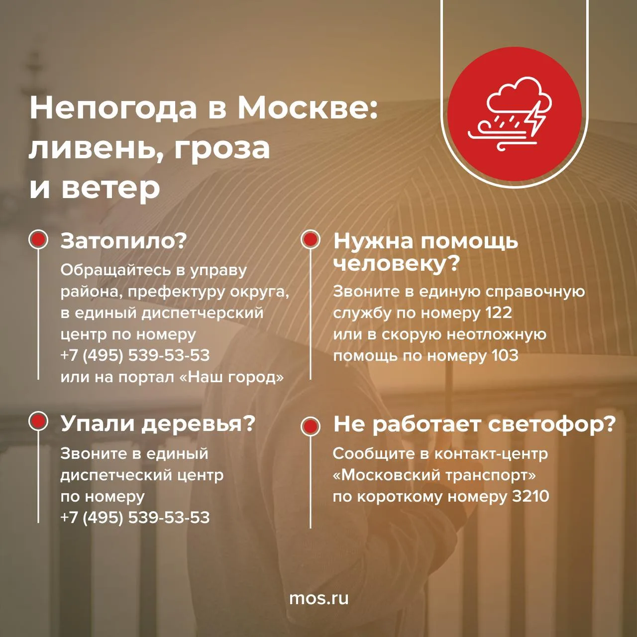 ❗️В ближайшие часы и до конца дня в некоторых районах Москвы ожидается ливень и гроза. Порывы ветра 
