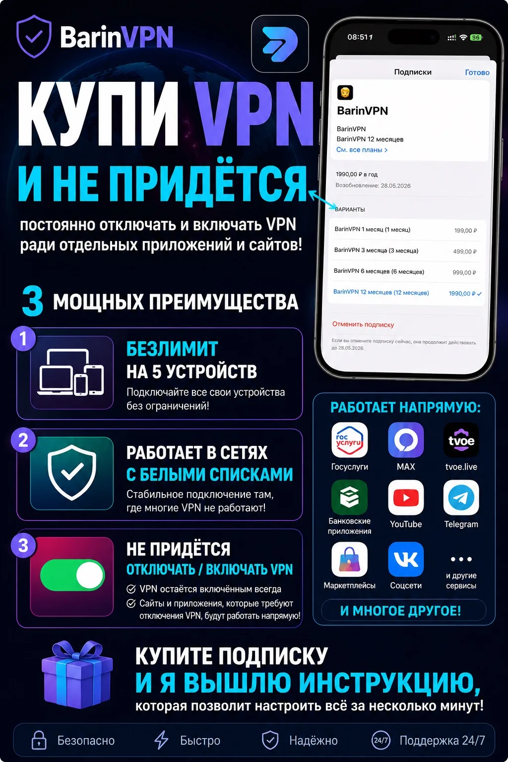 ✅ Работает в сетях с белыми списками
✅ Стабильное подключение там, где многие VPN не работают
✅ Госу