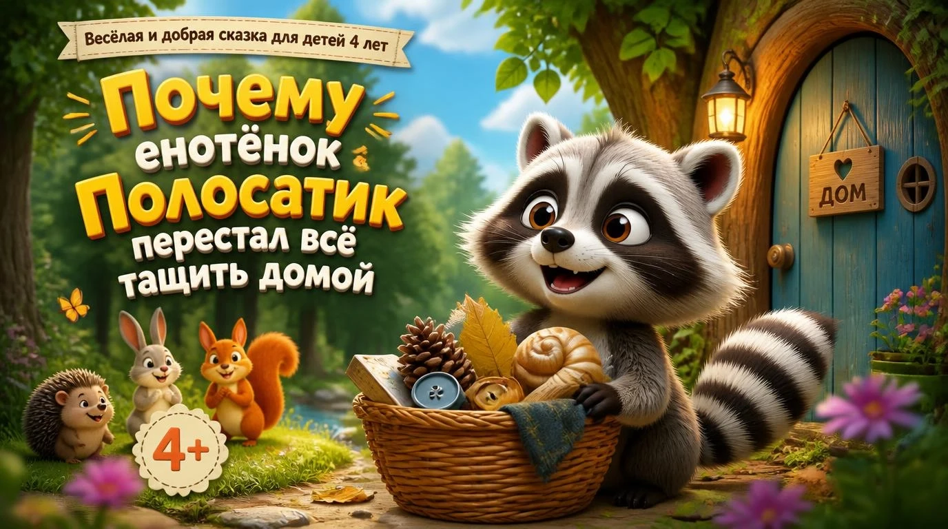 Весёлая и добрая сказка для детей 4 лет: Почему енотёнок Полосатик перестал всё тащить ...
