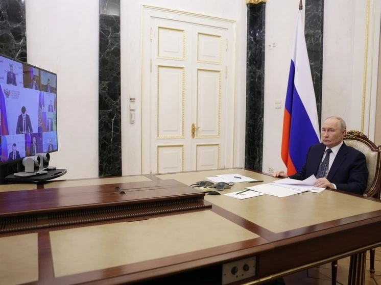 Президент России Владимир Путин провел в формате видеоконференции совещание с членами П...