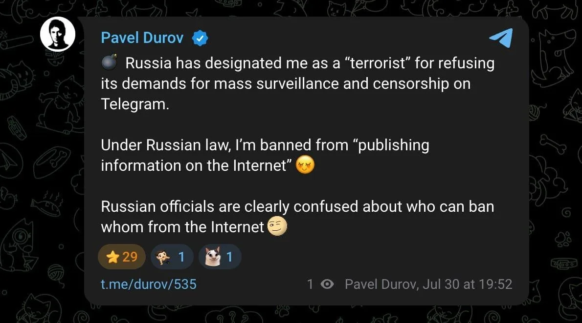 💬Дуров впервые прокомментировал свой новый статус:

💣 Россия признала меня "террористом" за отказ 